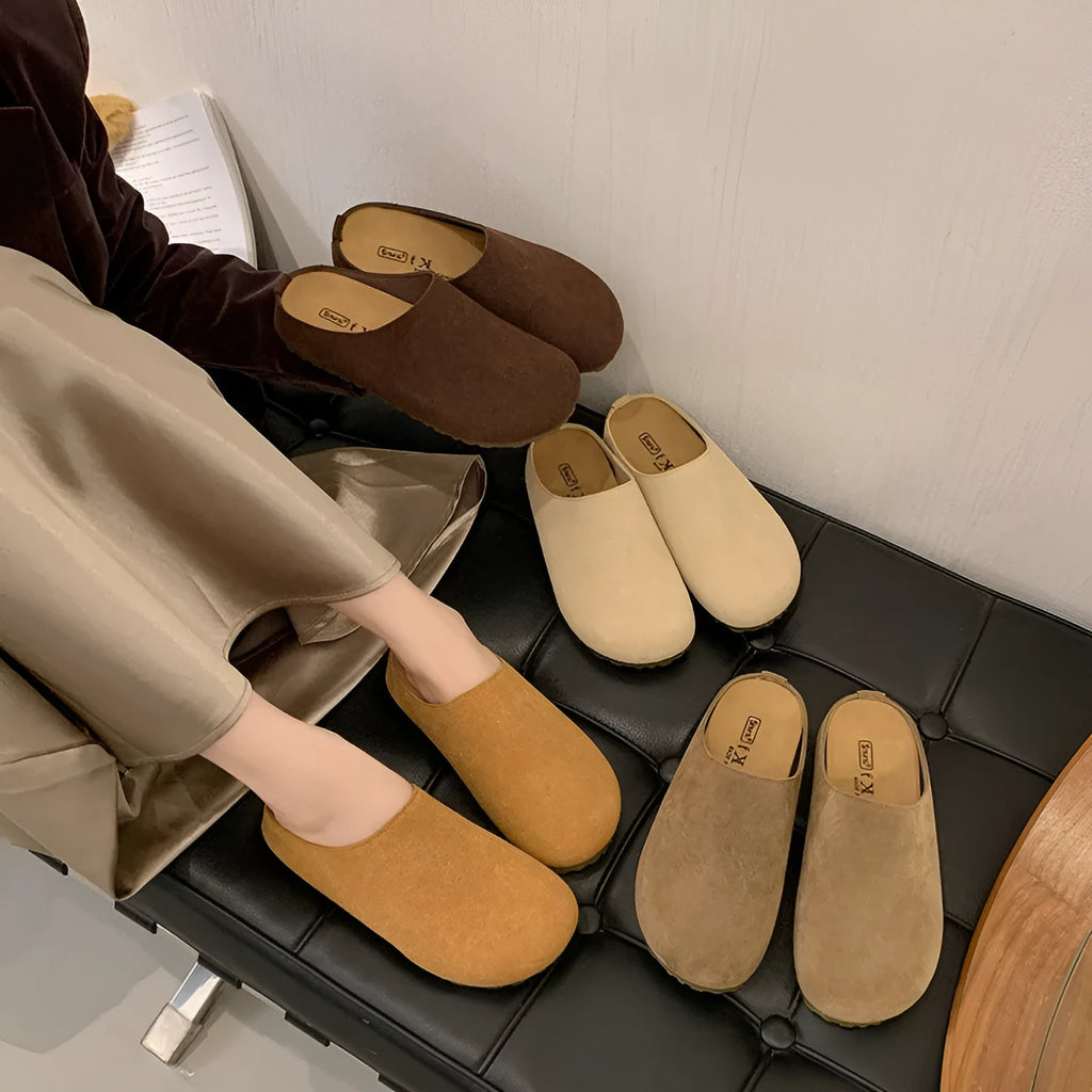 Women's outdoor slippers in apricot colour with microfiber upper, flat slip-on design, and square toe