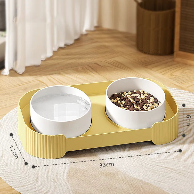 Ceramic elevated cat bowls with 15-degree tilted stand in green, white, or yellow colours