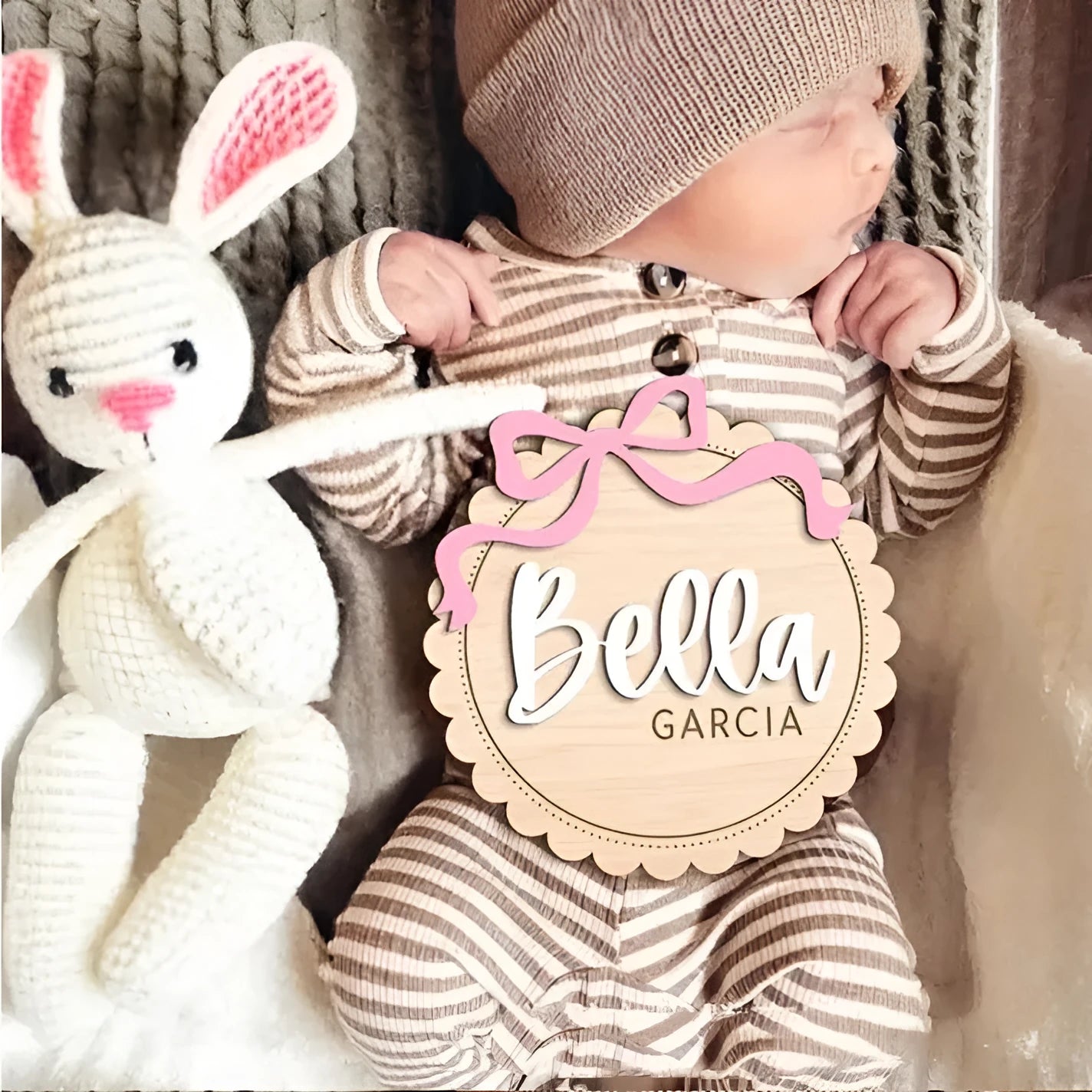 Square wooden baby photo prop ornament with a customised name for nursery decor.