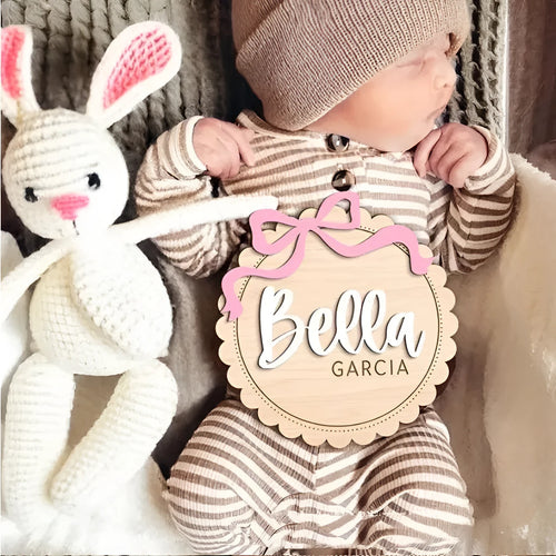 Square wooden baby photo prop ornament with a customised name for nursery decor.