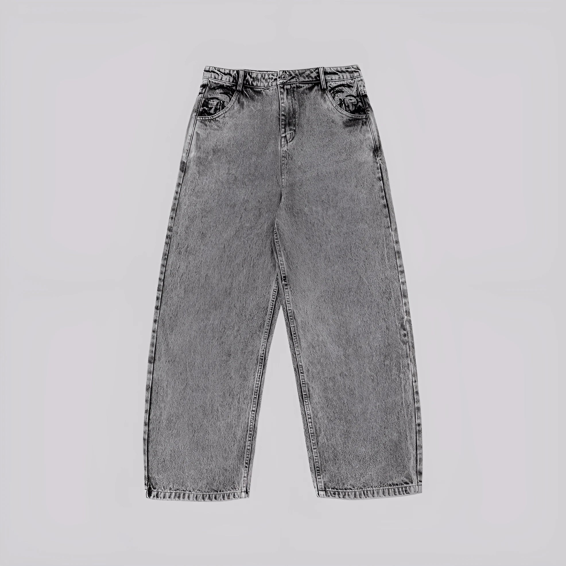 Grey loose fit straight leg denim trousers for men and women laid flat