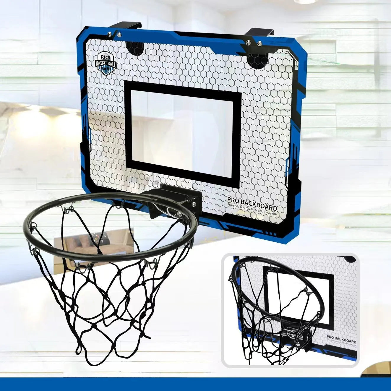 Red foldable indoor basketball hoop with suction cup mount showing dunk scoring and ball rack functions