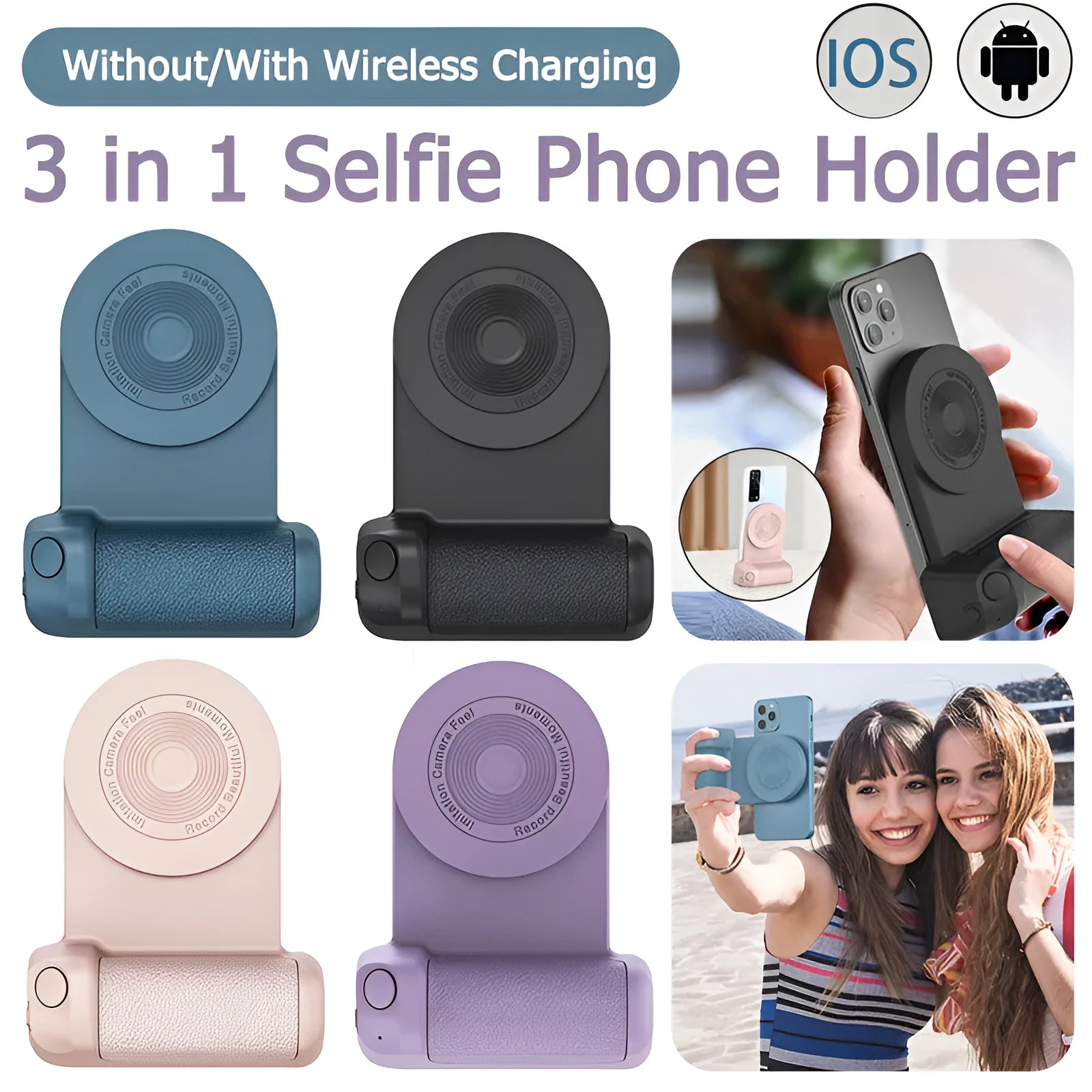 Black magnetic phone holder with ergonomic camera-style grip showing rotatable stand function