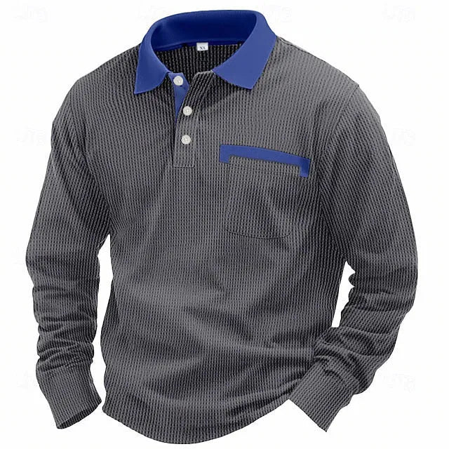 Men's long-sleeved waffle polo shirt in solid colour with asymmetric design details