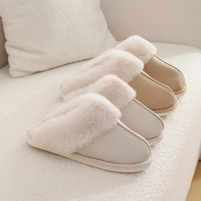 Brown women's plush indoor slippers with round toe, stitching detail, and flat non-slip sole.