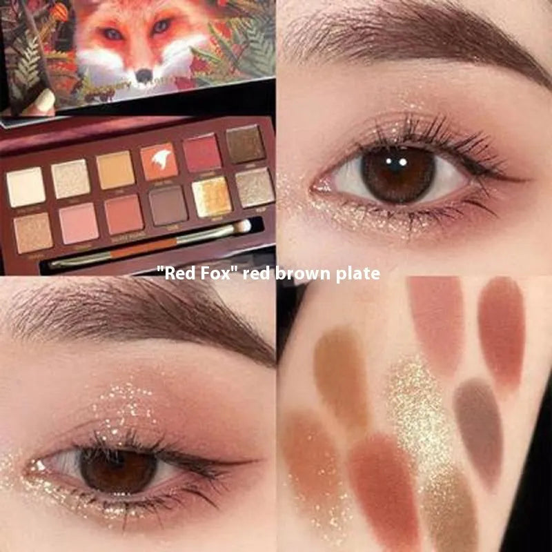 Twelve-colour animal eye shadow plate showing seven wild animal designs including golden tiger and leopard patterns
