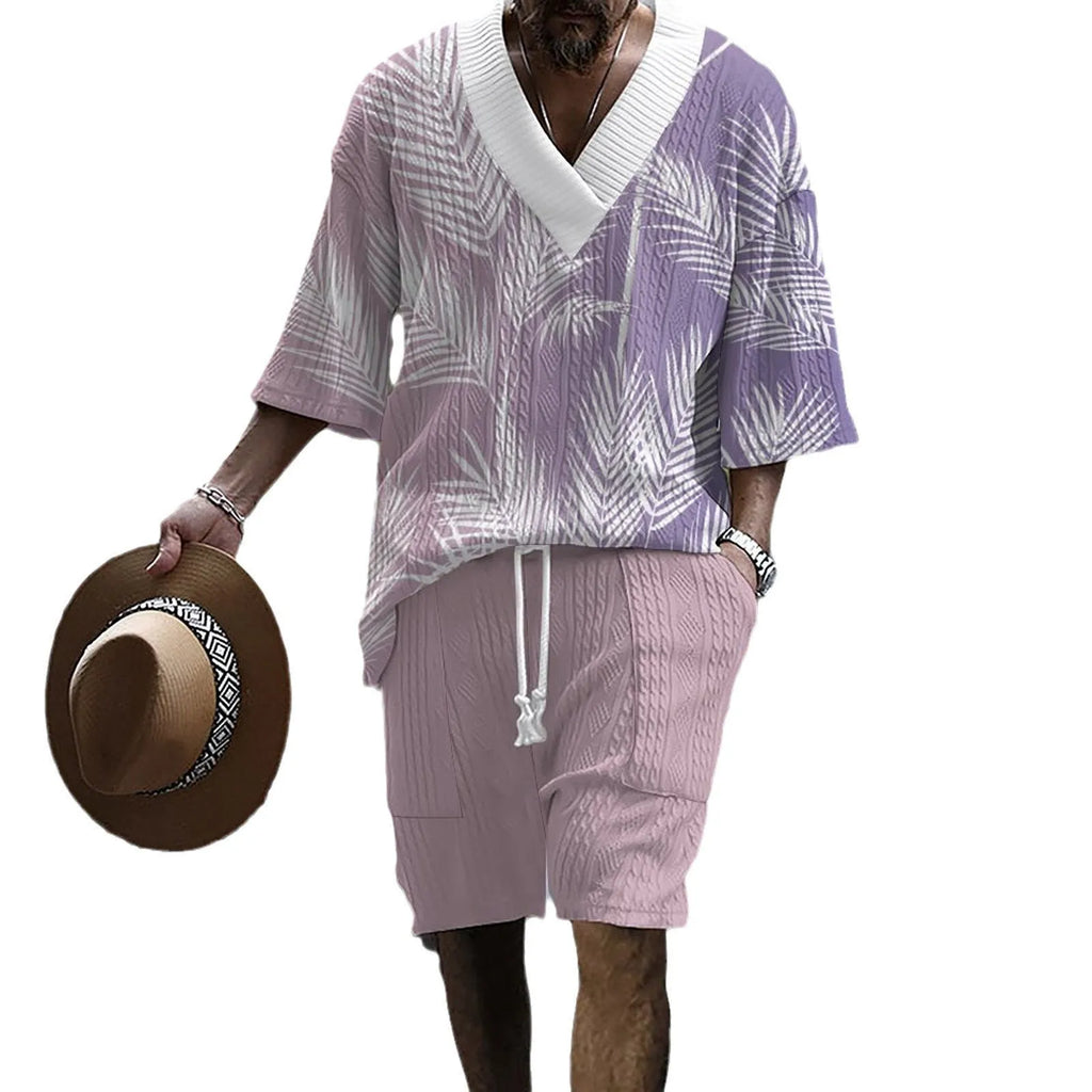 Printed drop-shoulder men's knitted short-sleeved top and matching shorts casual suit set