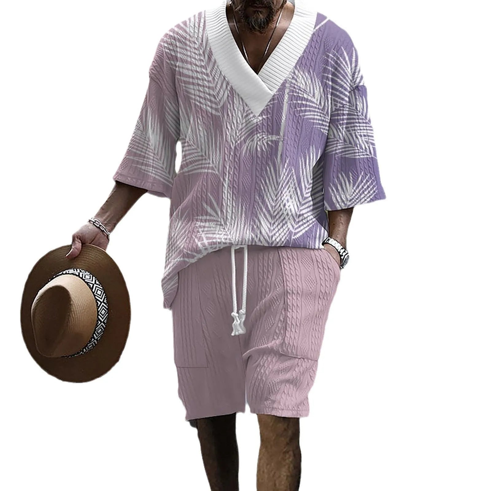 Printed drop-shoulder men's knitted short-sleeved top and matching shorts casual suit set