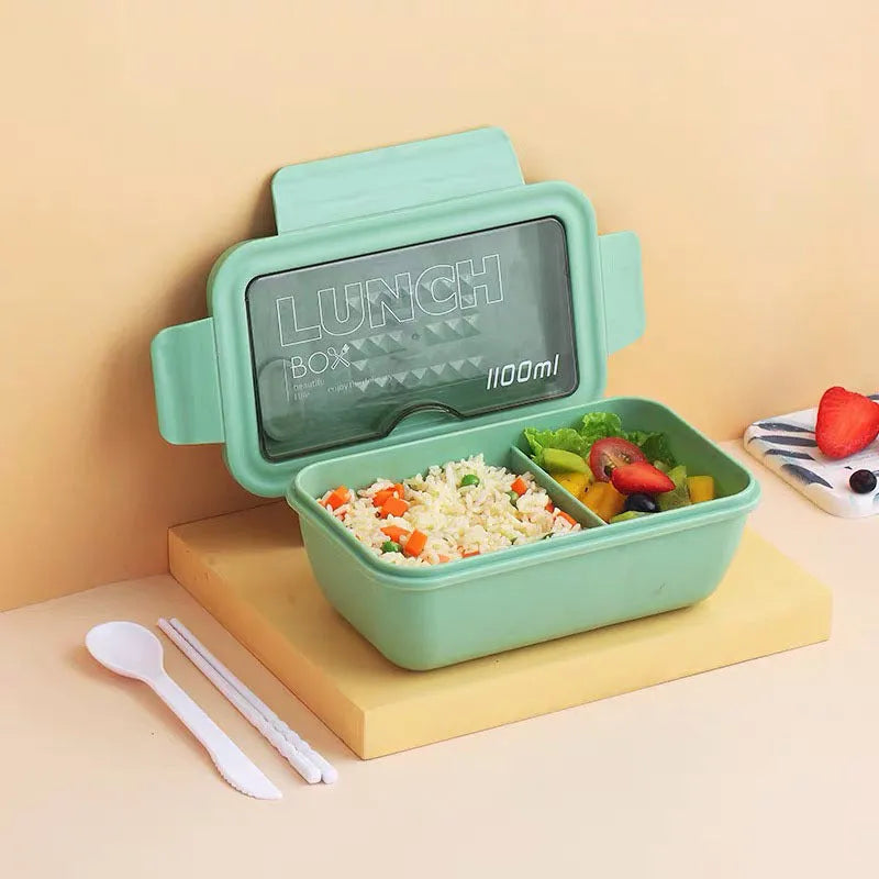 Four-layer partitioned plastic bento box in Nordic style with green, red, and yellow colour options
