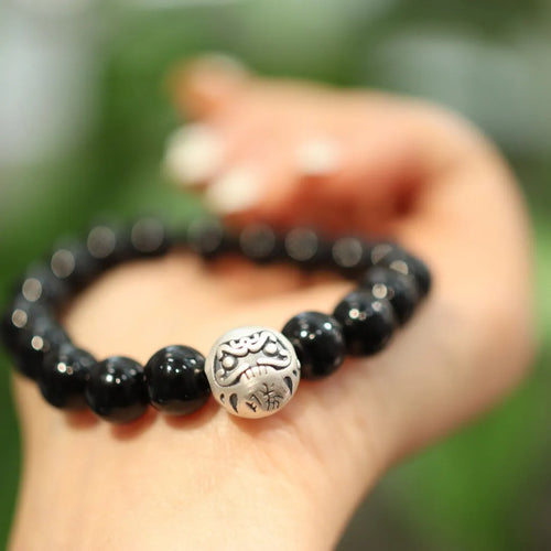 10mm black agate and sterling silver Chinese style bracelet manual construction
