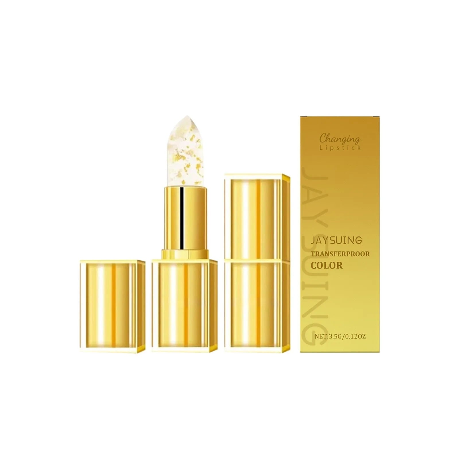 Gold foil discoloration nourishing lipstick tube showing 3.5g net content and vitamin E ingredients