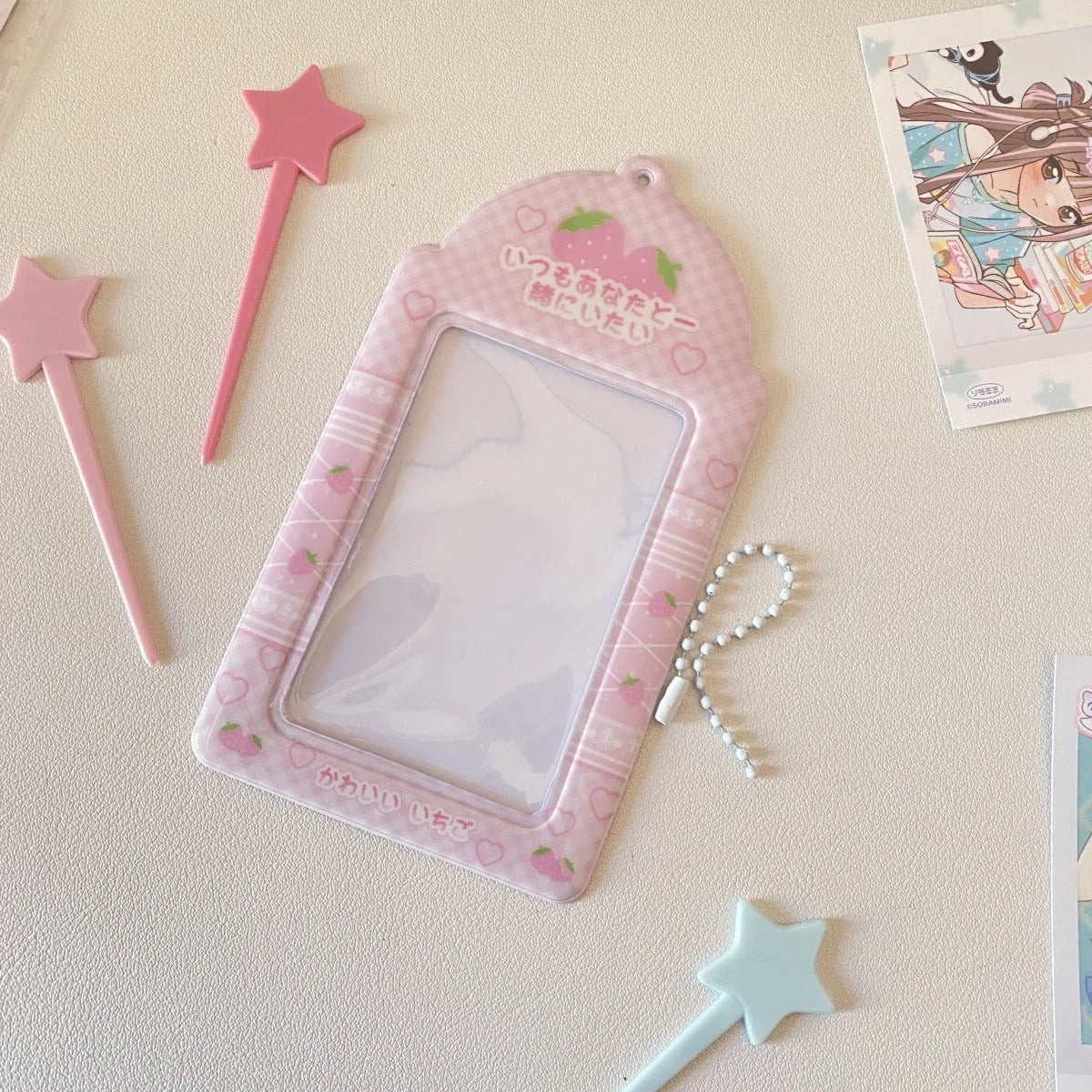 Plaid strawberry PVC meal card holder display pendant measuring 7.6cm by 13.6cm
