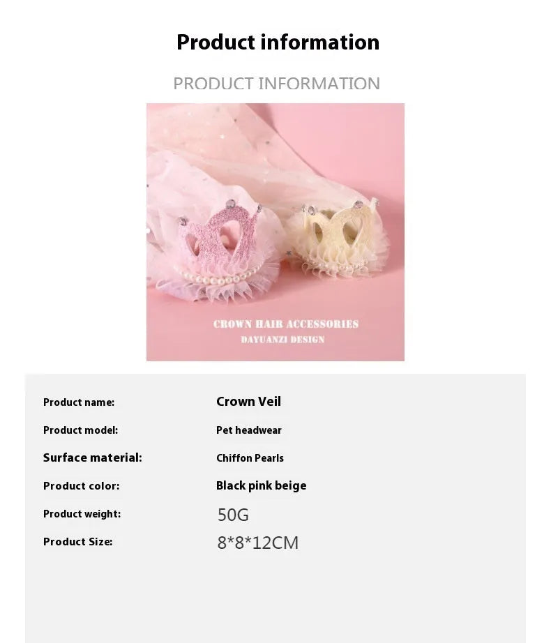Pet cat wearing a princess crown headdress with a soft pink veil on a fabric headband.