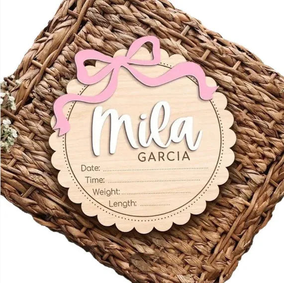 Square wooden baby photo prop ornament with a customised name for nursery decor.