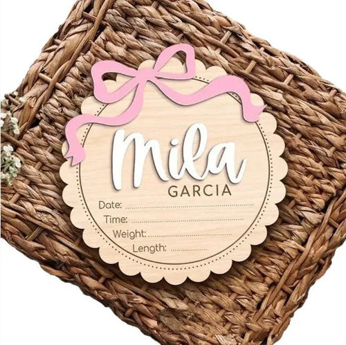 Square wooden baby photo prop ornament with a customised name for nursery decor.