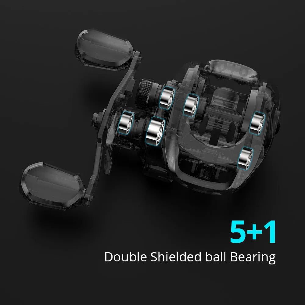 Drip wheel fishing reel with rocking wheel line mechanism, showing left and right hand wheel options.