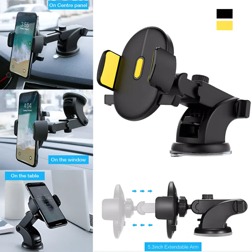 Yellow and black telescopic car phone holder with suction cup mount extended on dashboard