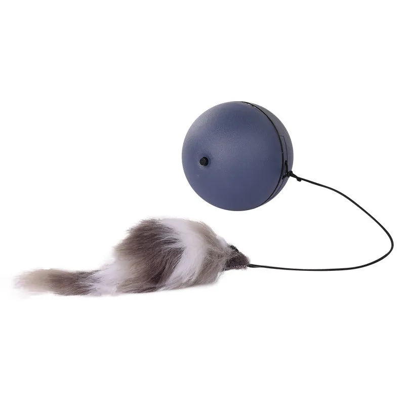 Interactive cat toy with ball and plush mouse in grey or orange, dimensions 8.5cm