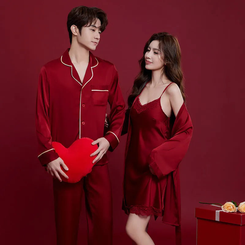 Red long sleeve polyester pyjama set for men and women on hangers