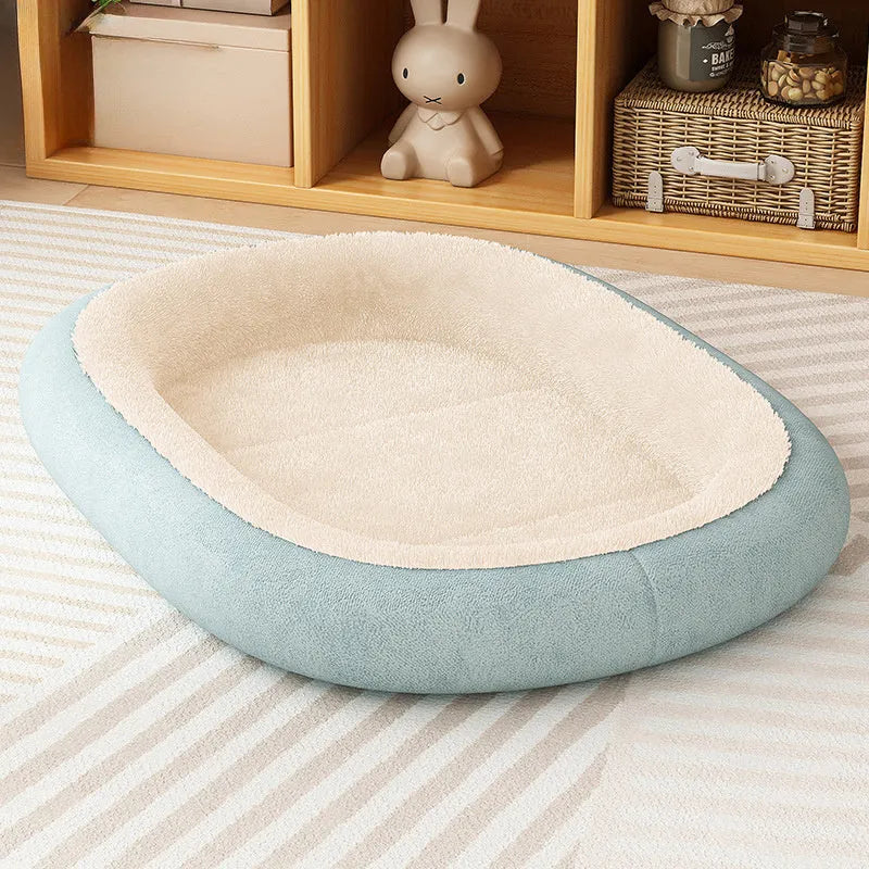 A thick padded dog kennel for small and medium dogs in a grey colour, shown with size dimensions.