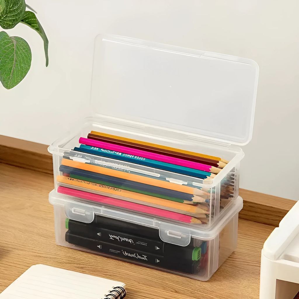Transparent plastic stationery storage box for pencils and children's art supplies