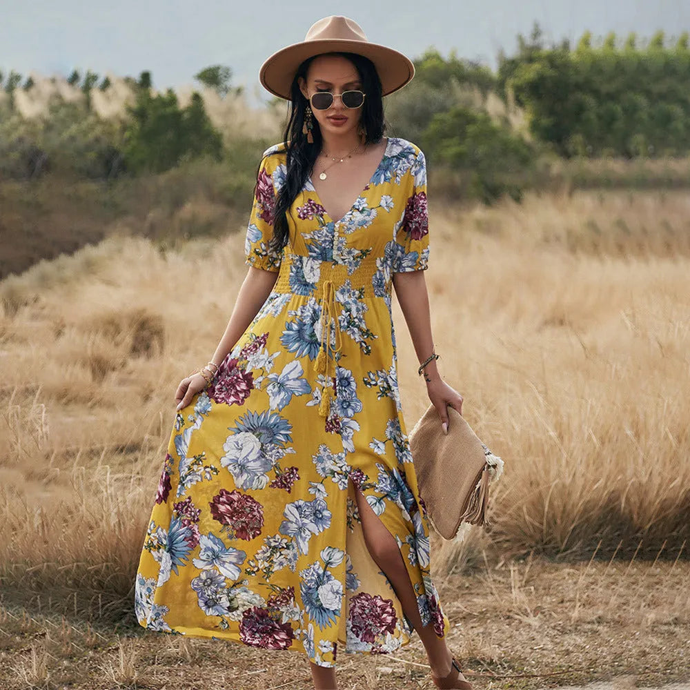 Women's floral print V-neck dress with elastic high waist and short sleeves in yellow