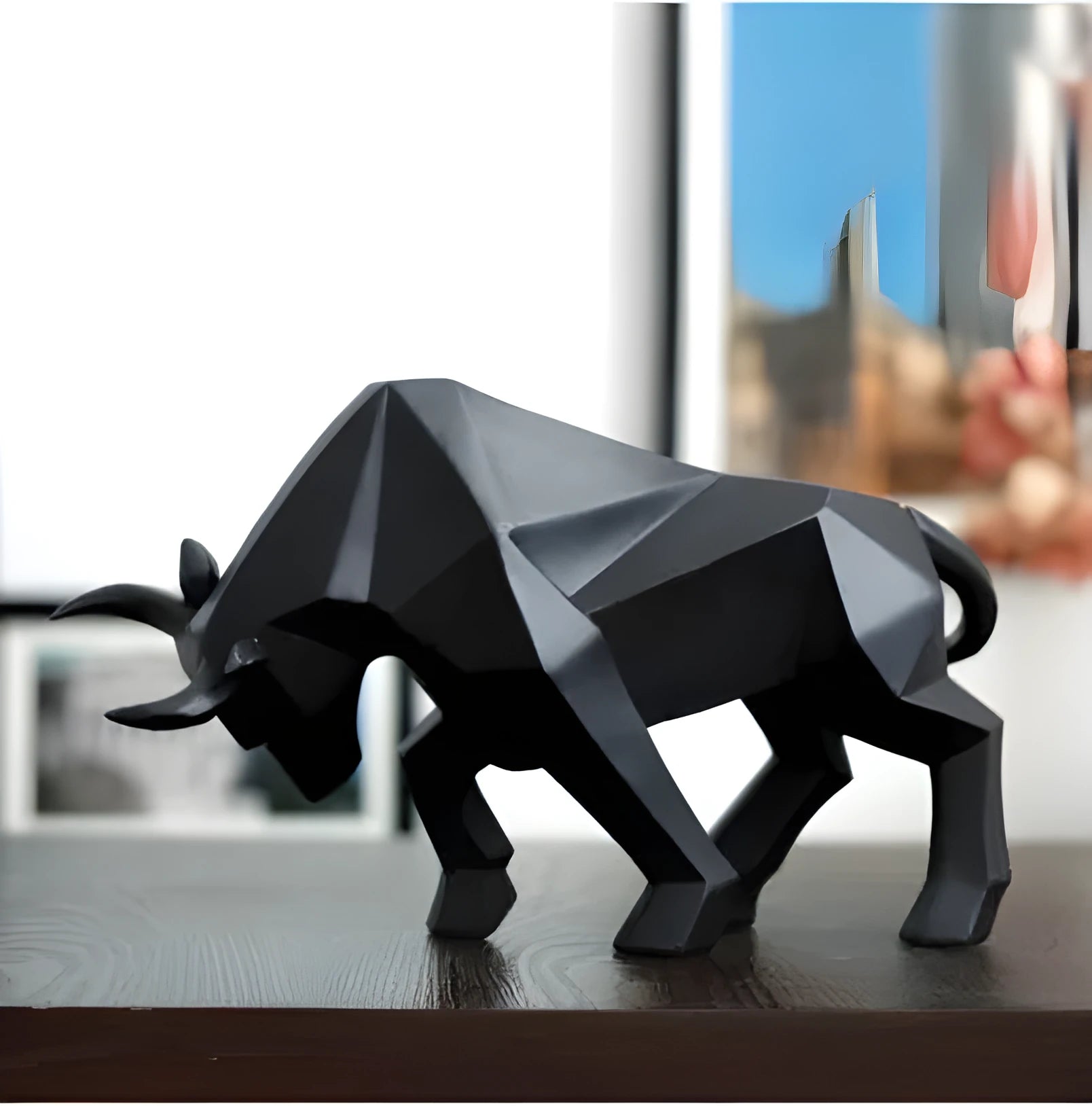 Black geometric resin bull sculpture abstract bison statue on desk for home decor