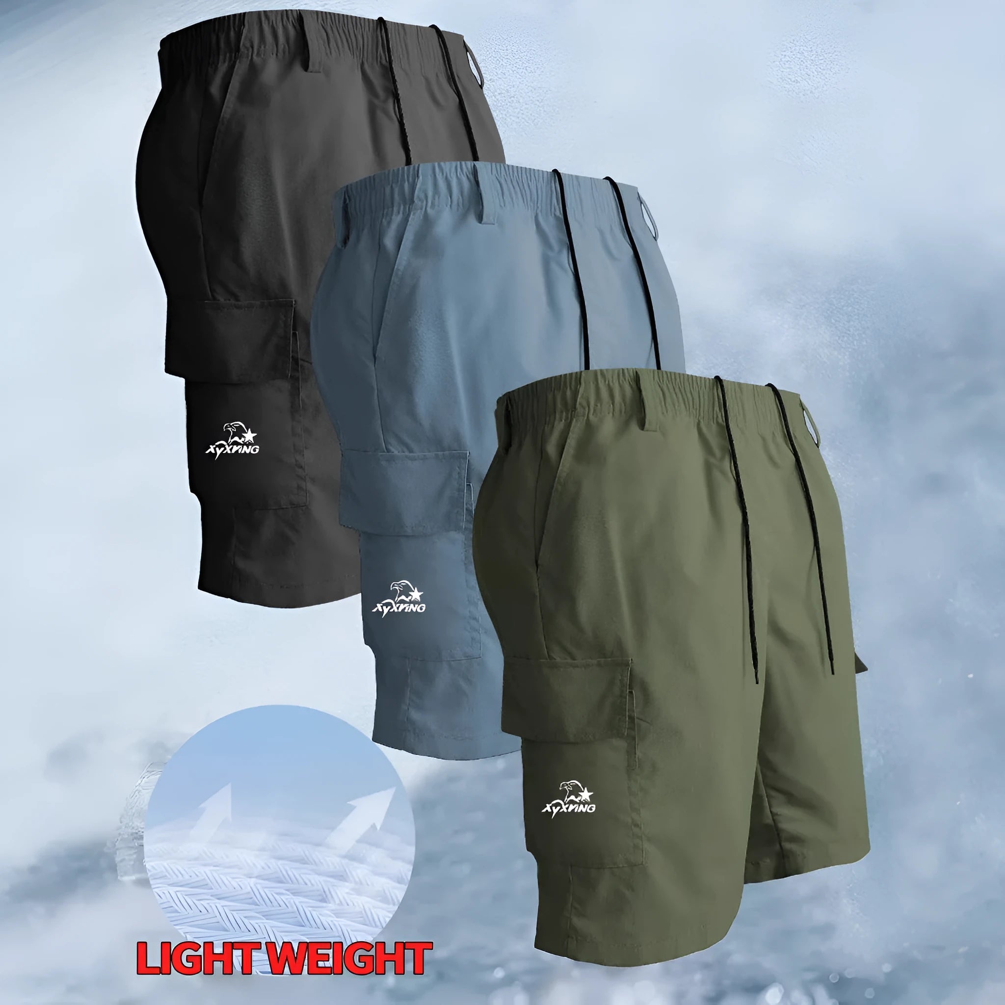Man wearing loose straight-leg khaki casual sports shorts made from polyester