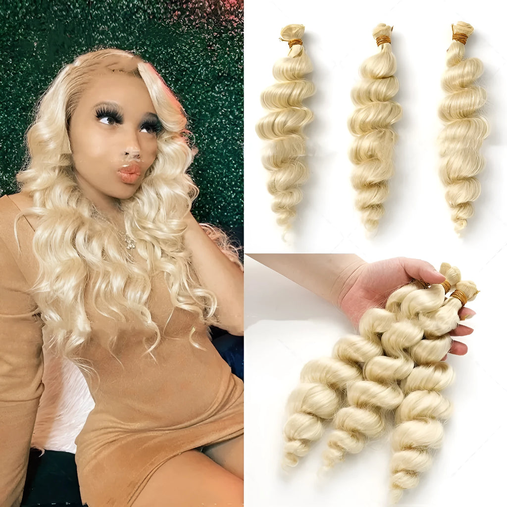 Golden synthetic hair weft wig for women shown in 18-inch, 20-inch and 22-inch length options.
