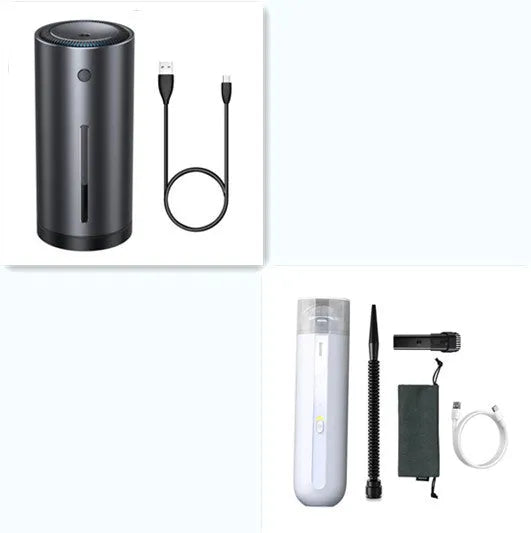 BASEUS wireless handheld car vacuum cleaner in black, white, or green with suction and blowing hose.