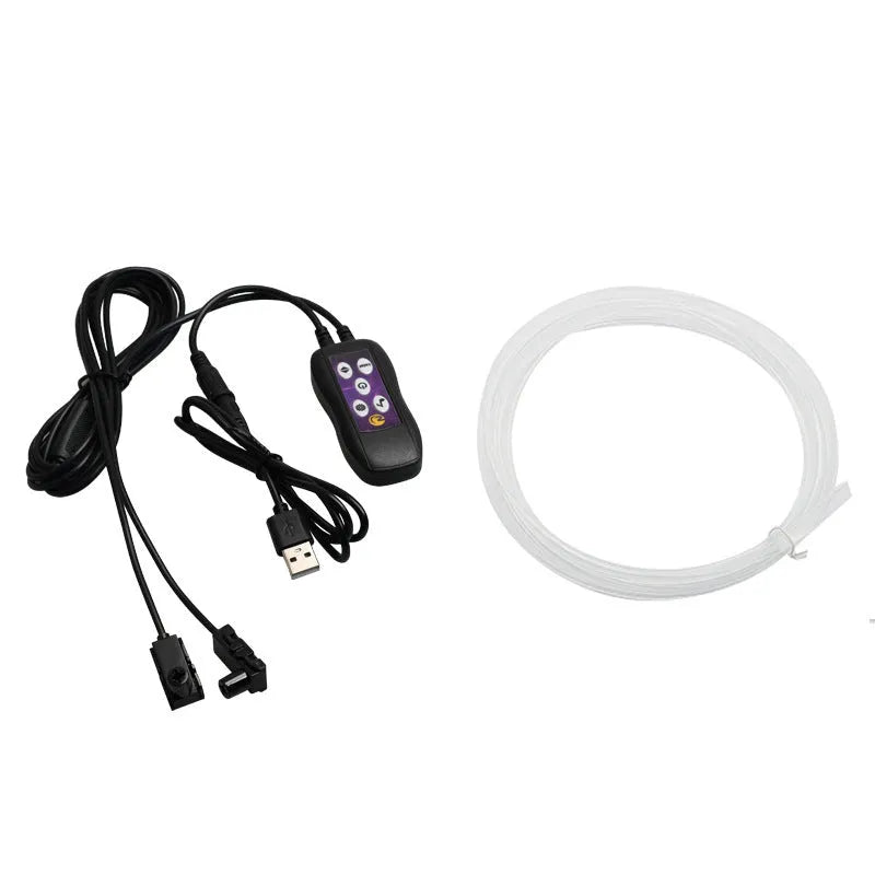 Car interior USB LED atmosphere light with colour-changing function installed along centre console