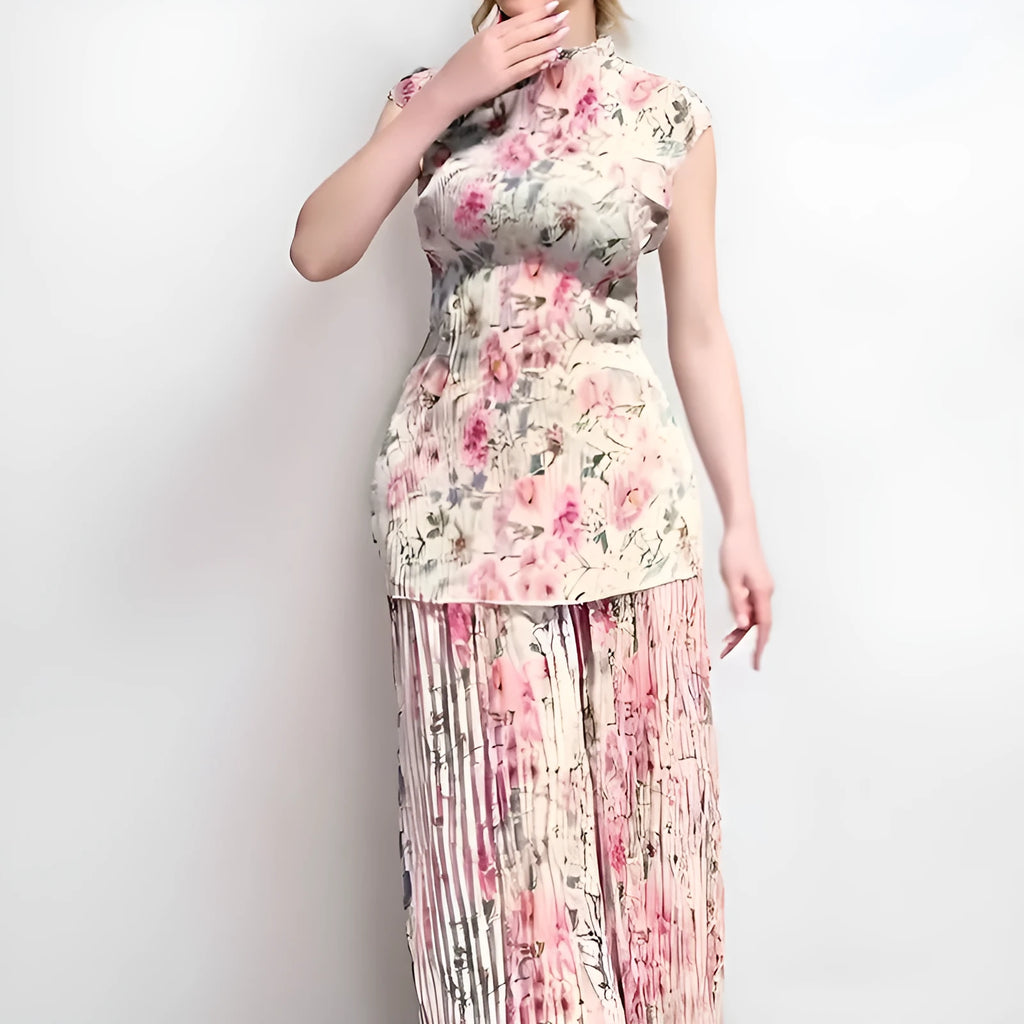 Long sleeve printed chiffon dress with high waist design in picture colour