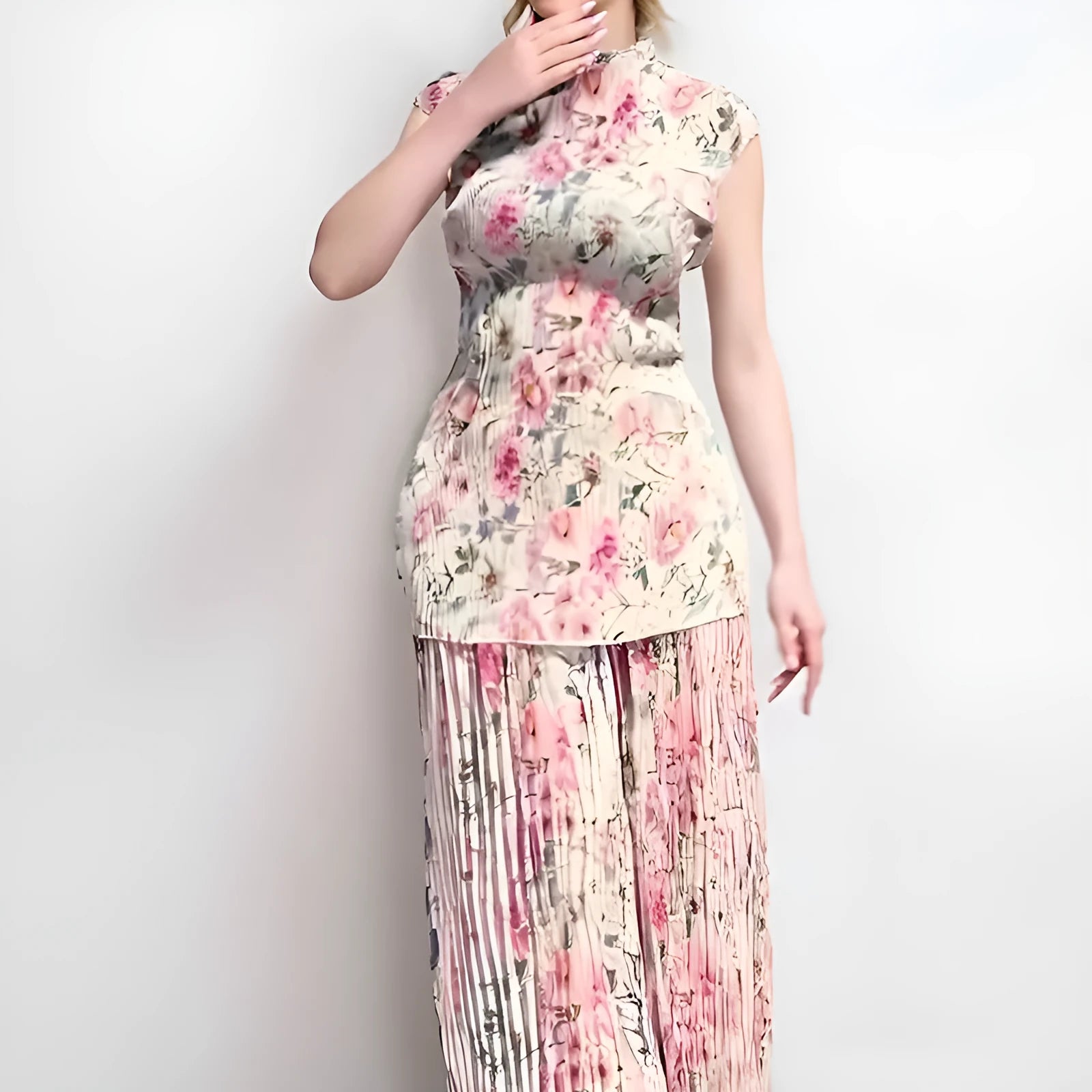 Long sleeve printed chiffon dress with high waist design in picture colour