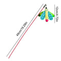 Blue, yellow, and pink dragonfly cat wand toy with bell on a long plastic stick.