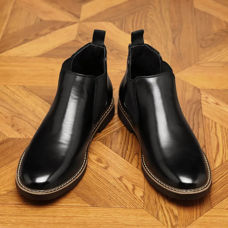 Men's black formal leather boots with pointed toe and square heel on rubber sole