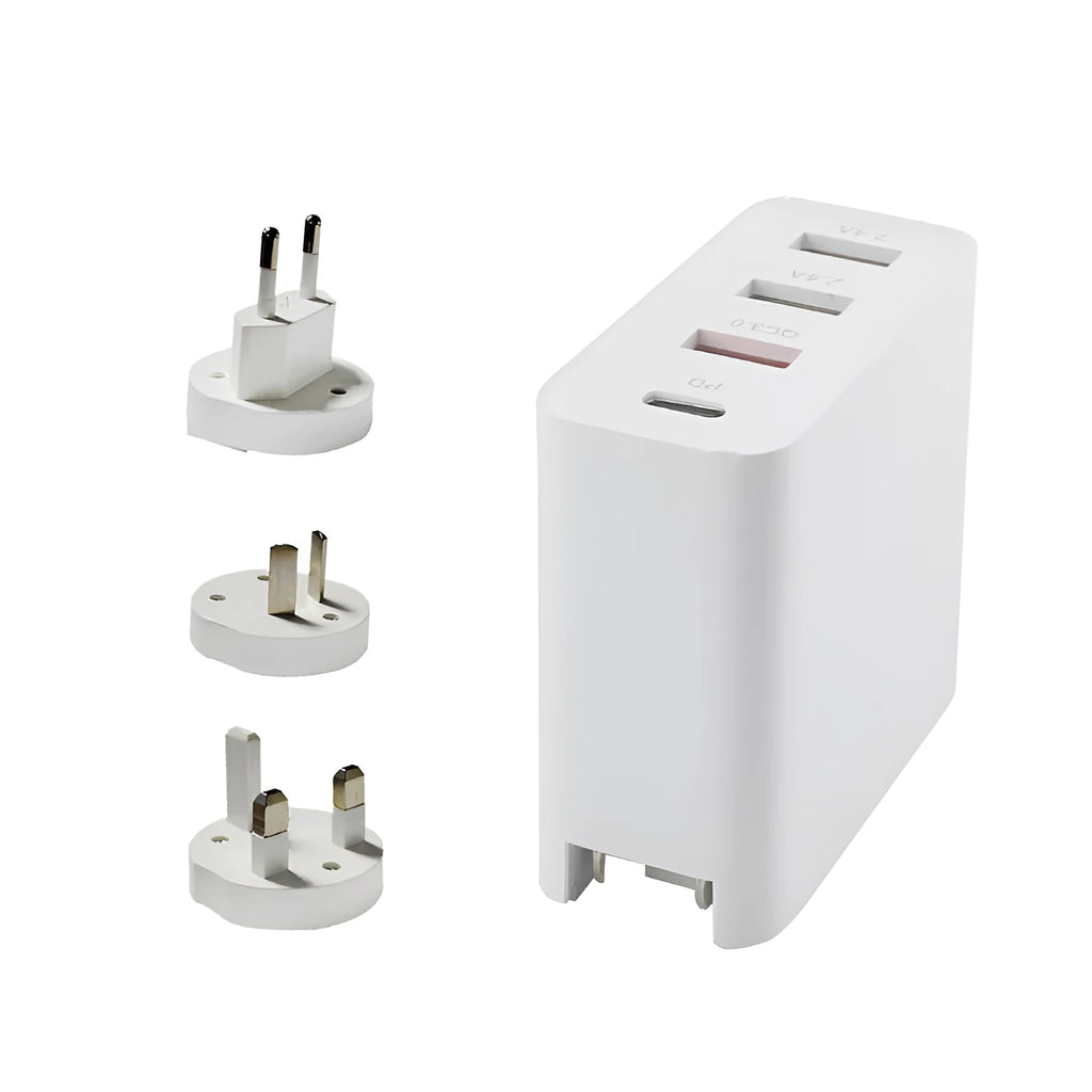 Black four-port USB-C wall charger with UK plug adapter and international travel plugs