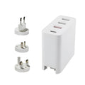 Black four-port USB-C wall charger with UK plug adapter and international travel plugs