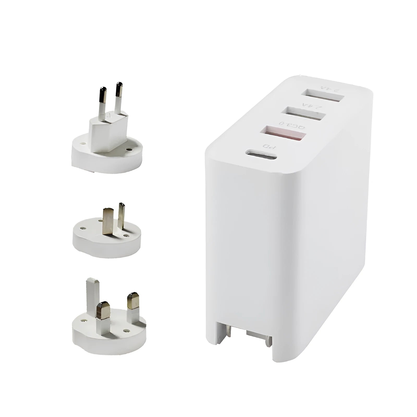 Black four-port USB-C wall charger with UK plug adapter and international travel plugs