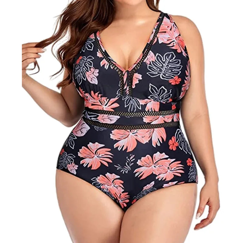 Black plus size swimsuit bikini with all-over printing and contrast stitching
