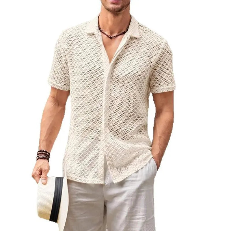 Man wearing a solid colour short sleeve lapel collar casual shirt
