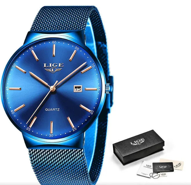 Men's digital watch with stainless steel case and resin strap in black, blue, or two-tone colour