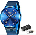 Men's digital watch with stainless steel case and resin strap in black, blue, or two-tone colour