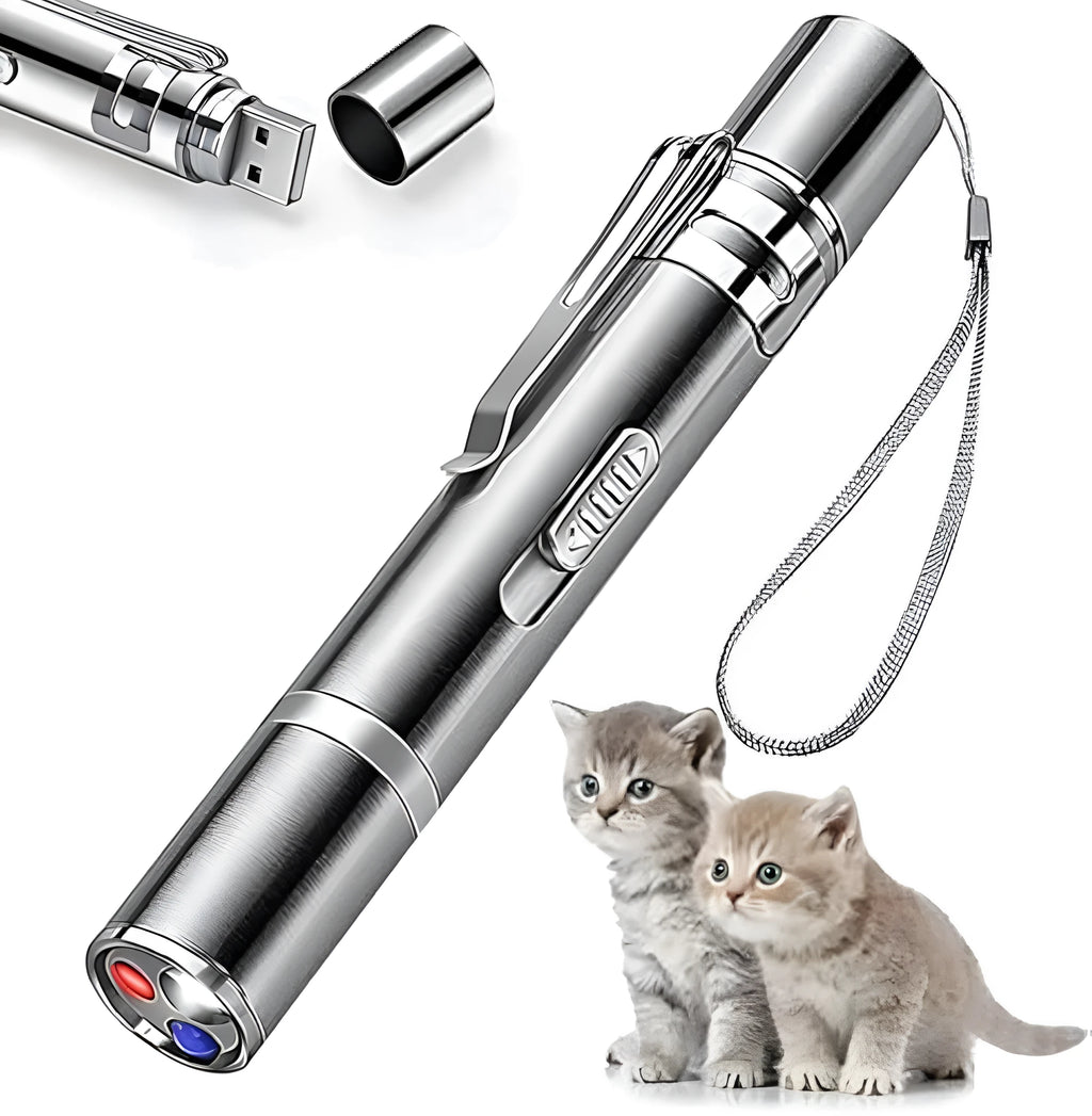 Silver aluminium cat toy pointer showing red dot pattern with USB charging port and metal clip