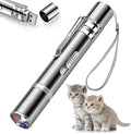 Silver aluminium cat toy pointer showing red dot pattern with USB charging port and metal clip
