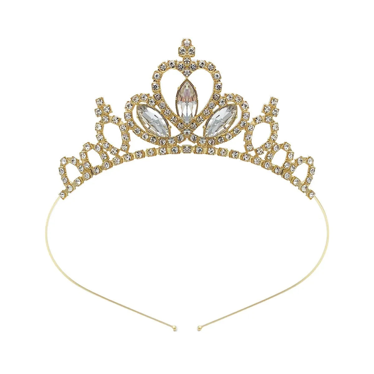 Gold electroplated alloy princess crown headdress with diamond-like decorations for birthday parties