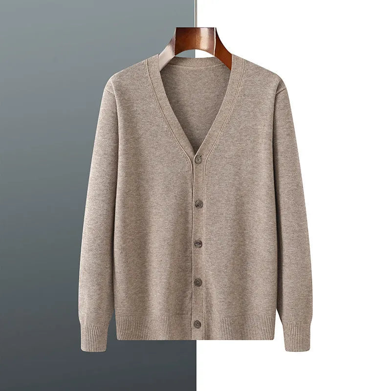 Men's V-neck cardigan coat in Andy velvet fabric showing loose fit and long sleeve design