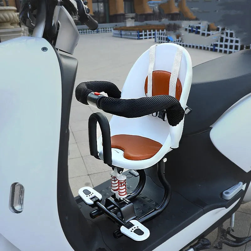 Steel-framed front seat for a child on an electric scooter, shown in black colour.
