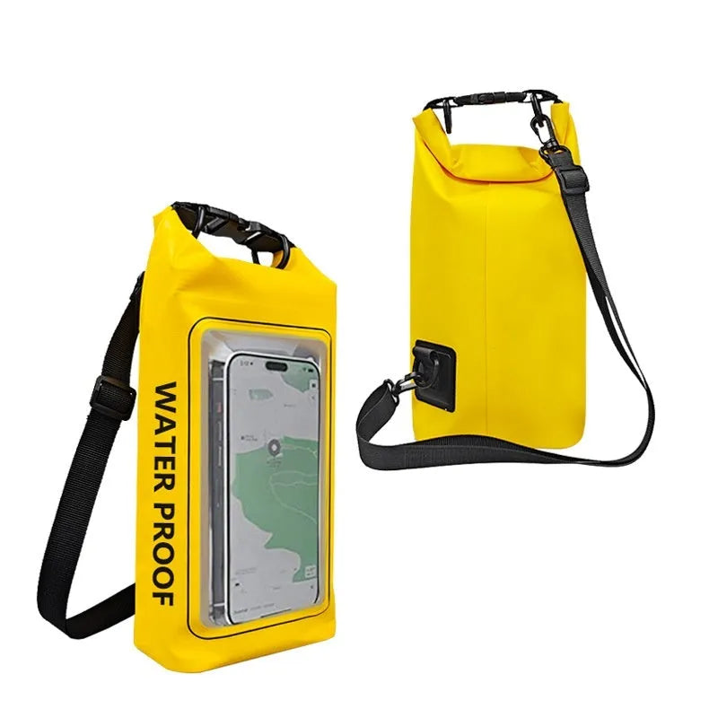 Black waterproof crossbody PVC bag for mobile phones, shown in 2L and 5L sizes.