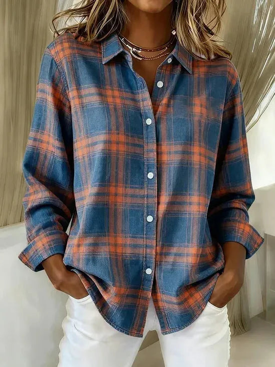 Solid colour check print long sleeve polyester shirt for women, loose fit, available in multiple sizes