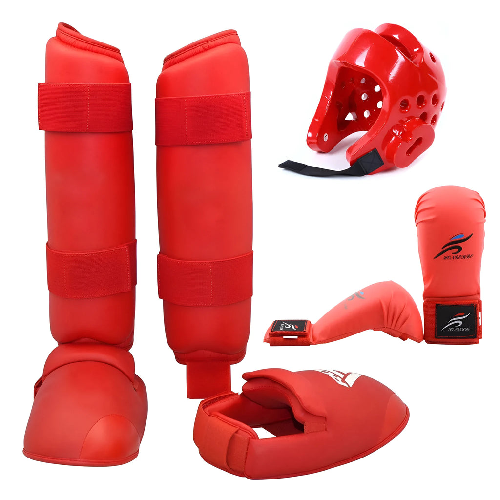 Karate taekwondo protective gear set with leg guard, helmet, boxing gloves in red or blue